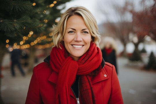 Portrait of a beautiful blond woman in a red coat and red scarf on the street.