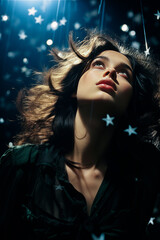 Enchanting young woman playfully casting stars into a starry night sky.