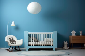 Minimalist blue nursery room for boy or girl. Baby room interior, in soft pastel colors, scandinavian style - obrazy, fototapety, plakaty