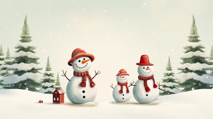 Illustration of three snowmen in a snowy forest generated with AI