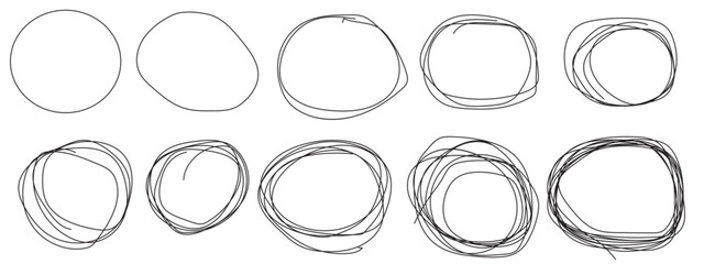 Abstract set of sketch lines circle element. Hand drawn pen lines doodle sketches circle lines. Hand drawn marker and pencil thick circle in different directions. Freehand marker scratch scribble  - obrazy, fototapety, plakaty