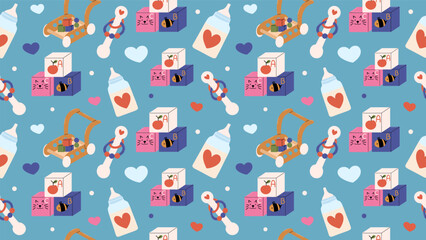 Baby seamless pattern with bottle, toys, rattle. Hand draw illustration