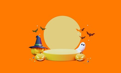 Happy Halloween festive banner. Orange festive banner with 3d spooky glowing pumpkins, podium, neon circle, candy eyes and paper bats. Vector illustration. 