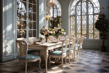Details of the elegant, classic dining room with luxury furniture and tableware