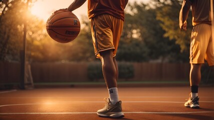 A Basketball Player in Action, Caught Mid-Throw as the Setting Sun Casts a Spectacular Glow on the Court