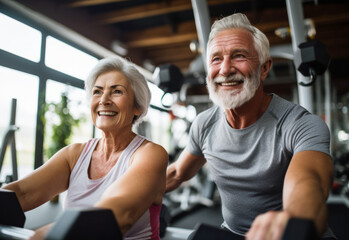 Active old age. An elegant middle-aged elderly couple leading an active lifestyle. They smile during classes in the tripod fitness room, after retirement. - obrazy, fototapety, plakaty