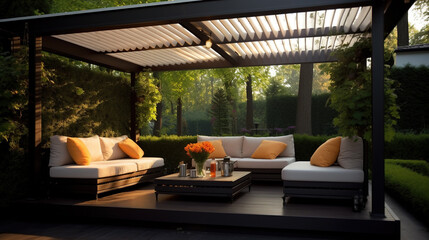 Fototapeta premium Dining in Style, Modern Patio Furniture Set with Pergola Shade, Generative AI