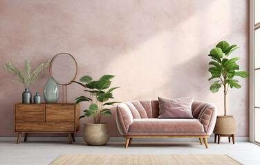 Pink velvet loveseat sofa, wooden cabinet and potted houseplant against venetian stucco wall. Scandinavian home interior design of modern living room. - obrazy, fototapety, plakaty