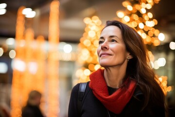 Portrait of beautiful woman with christmas lights in the background. - obrazy, fototapety, plakaty