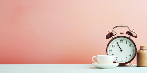 Fototapeta na wymiar Vintage alarm clock and cup of hot coffee on the uniform pastel backdrop with a copy space. Generative AI