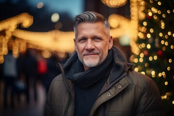 Portrait of a handsome middle-aged man on the background of Christmas decorations.