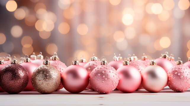 Adornos navideños bonitos. Tonalidades rosas. Fondo navideño con tonos rosados. Bolas para árbol de navidad.