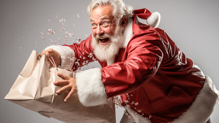 Santa Claus tirando una bolsa enorme de regalos roja