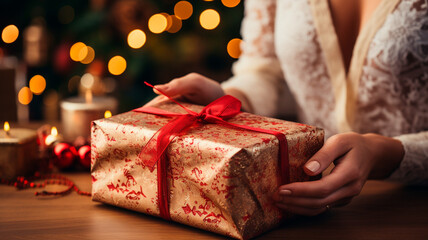 Joven sonriente envolviendo regalos de Navidad delante de un Árbol de Navidad en el salón de su casa. - obrazy, fototapety, plakaty