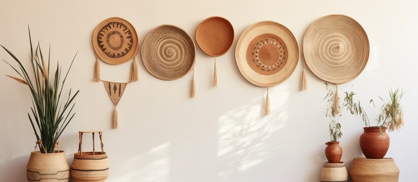 Bohemian style wall decor with rattan basket Eco friendly and trendy room decoration Has space for copying