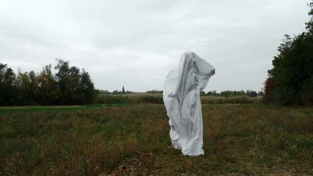 Creative Halloween costume for an adult. The ghost of the white sheet runs fast and jumps in the autumn field. Human climbed into the duvet cover. 4k horizontal slow motion footage