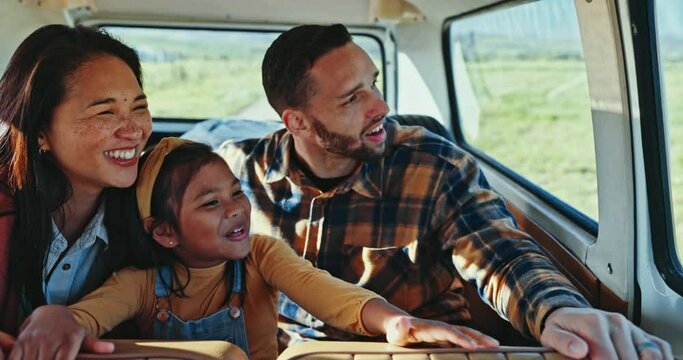 Travel, parents and girl in car for road trip, adventure and explore on holiday, weekend and vacation. Family, transport and mother, father and child with window view for journey, bonding and relax
