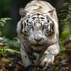 Obraz premium A Strobg White Tiger Walking Through A Lush Green Rainy Forest Selective Focus Background