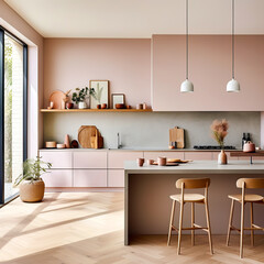 Pink kitchen cabinets and wooden shelf. Scandinavian modern interior design of kitchen with island, dining table and chairs. - obrazy, fototapety, plakaty