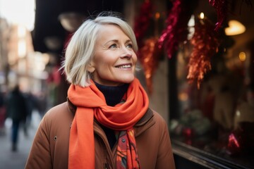 Portrait of mature woman in coat and scarf on Christmas market background