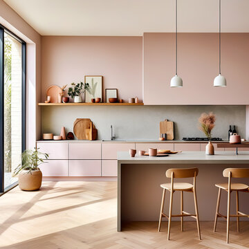 Pink kitchen cabinets and wooden shelf. Scandinavian modern interior design of kitchen with island, dining table and chairs.