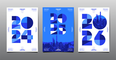 Annual Report, template layout design  2024, 2025, 2026 typography,  blue theme, flat design - obrazy, fototapety, plakaty