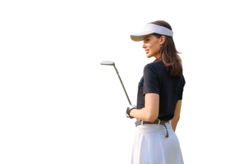 Professional female golfer holding golf club on field and looking away. Young woman standing on a transparent background