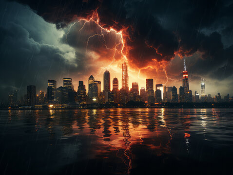 Cityscape, thunderstorm, rain and lightning. 