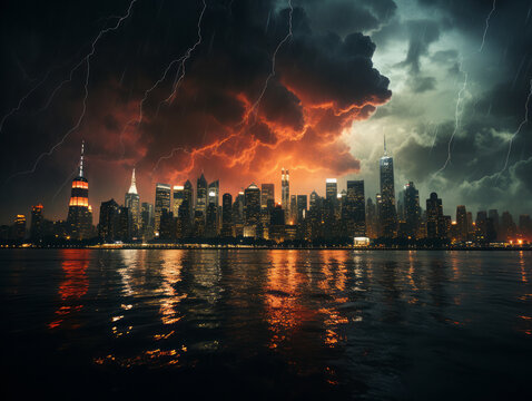 Cityscape, thunderstorm, rain and lightning. 