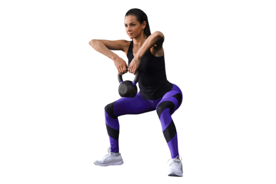 Sport woman with kettlebell on a transparent background