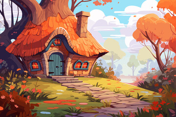 Fall autumn landscape background vector, simple abstract style. Good for fashion fabrics, children’s clothing, postcards, social post, books, wallpaper, banner, events, covers, advertising, and more. © TasaDigital