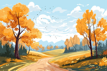 Naklejka na ściany i meble Fall autumn landscape background vector, simple abstract style. Good for fashion fabrics, children’s clothing, postcards, social post, books, wallpaper, banner, events, covers, advertising, and more.