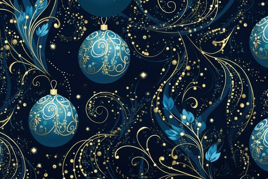 Christmas creative cartoon blue  balls drawn on a dark blue dark background, spiral patterns, unusual shape, dots, circles. futuristic new year card