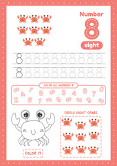 Activity page for toddlers education. Educational worksheet with many exercises. Trace, color, count crabs on one a4 size page. Learn number 8..
