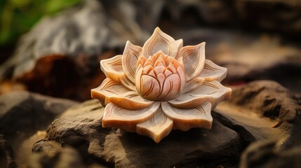 Colorful stone carving depicting a sacred lotus flower in bloom outside in a tranquil and peaceful zen garden, close up macro.  