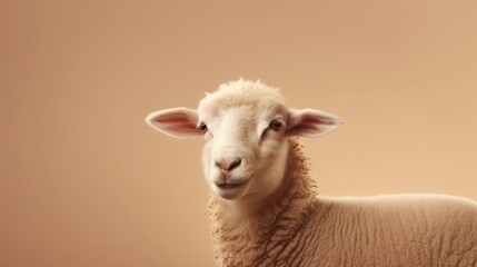 Fototapeta premium a sheep on a light brown background with space for text on the side, background image, generative AI