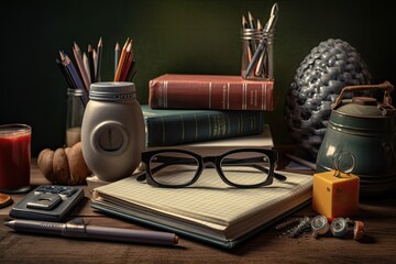 books and glasses on the school table