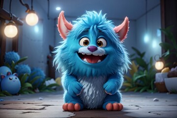 Fototapeta premium Cute blue christmas monster 3D cartoon character. Generative Ai.