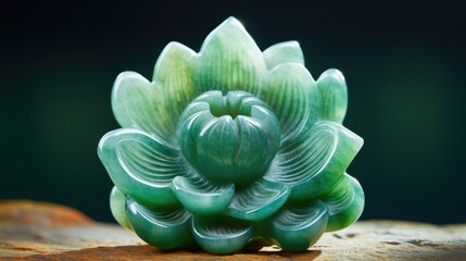 Green jade stone carving depicting a sacred lotus flower in bloom outside in a tranquil and...