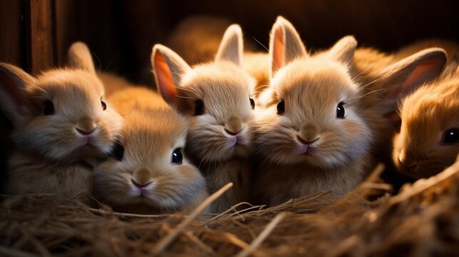 cute bunnies identical cute bunnies playing together and squeezing each other and squinting, background image, generative AI