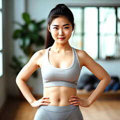 Close up of Attractive Athletic Asian Woman in Sportswear doing stretching body Yoga Exercises, Warm-up before start Yoga training, workout exercises, and fitness in her living room at home.