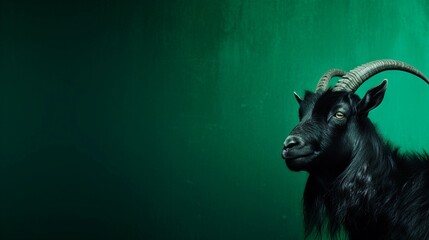 a black goat on a green textured background with space for text on the side, background image, generative AI - obrazy, fototapety, plakaty