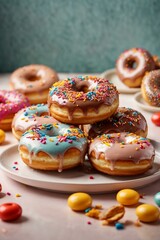 Fototapeta na wymiar amazing glazed donuts with a variety of colorful sprinkles