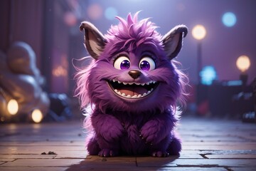 Cute purple monster 3D cartoon character. Generative Ai. - obrazy, fototapety, plakaty