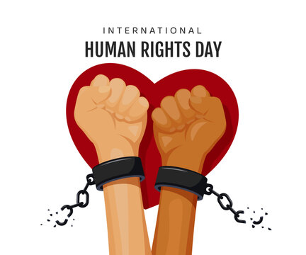 Vector illustration for Human Rights Day. Hands clenched into fists break the chains against the background of a heart. - Powered by Adobe