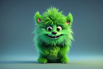 Cute green monster 3D cartoon character. Generative Ai. - obrazy, fototapety, plakaty