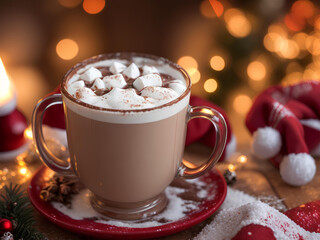 An amazing photo of gourmet hot cocoa in a beautiful Christmas mug, hot chocolate on the christmas background with colorful lights. Generative AI