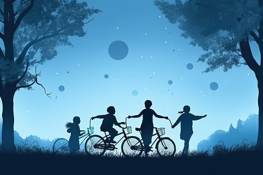Silhouette of happy family riding bikes happily and flyin
