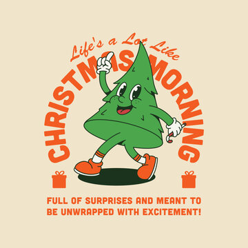 CHRISTMAS TREE RETRO MASCOT CARTOON ILLUSTRATION