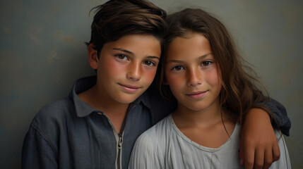portrait studio d'un garçon et d'une jeune fille qui sont frère et soeur